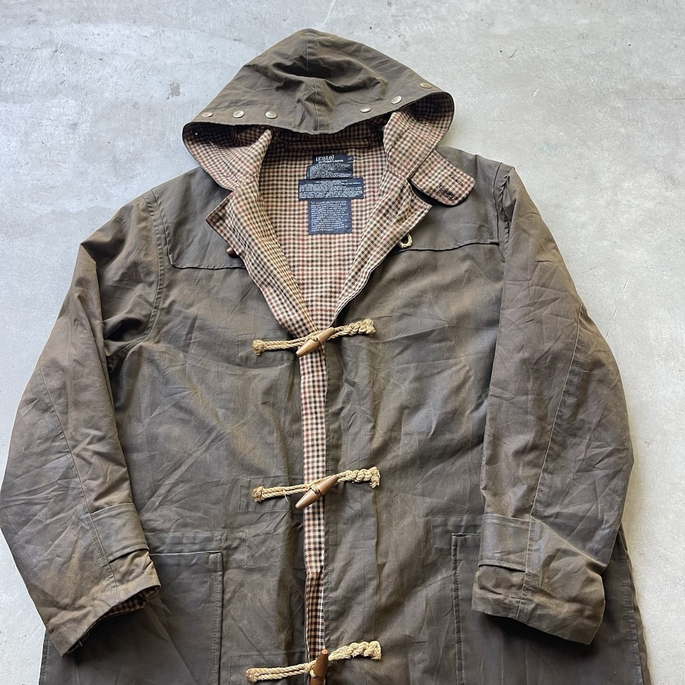 Vintage Polo Ralph Lauren Duffle Coat Vintage Brown Oil Tin Cloth Waxed Large - Picture 2 of 9